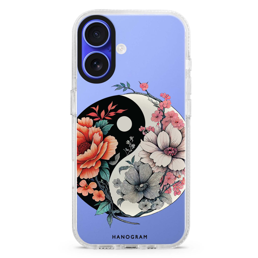 Floral & Tai Chi iPhone 16 and 16 Plus ultra clear case, transparent floral artwork, front product view