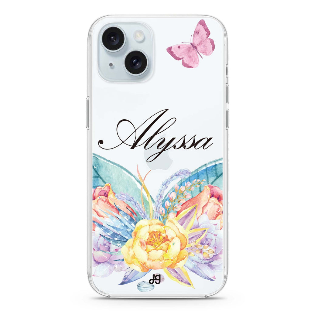 Butterfly and Abloom Rose iPhone 15 plus Ultra Clear Case