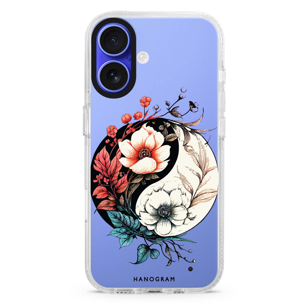 Pretty Floral & Tai Chi iPhone 16 and 16 Plus ultra clear case, transparent floral artwork, front product view