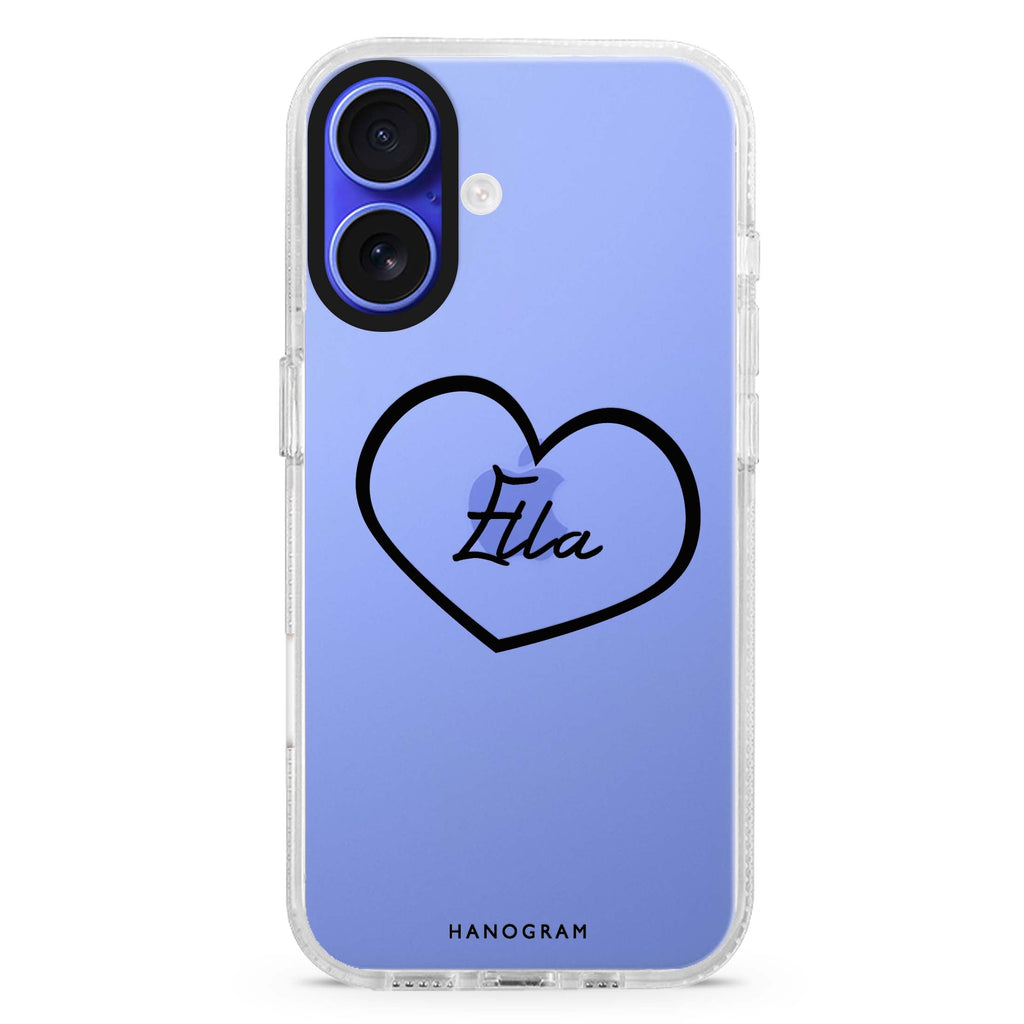 Sweet Heart Style 2 custom name iPhone 16 and 16 Plus ultra clear case, transparent artistic artwork, front product view