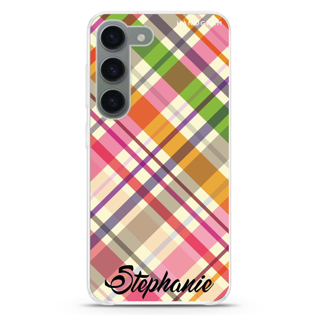 Colourful Checker Custom Name personalized ultra-clear case for Samsung Galaxy S23/S22, front view