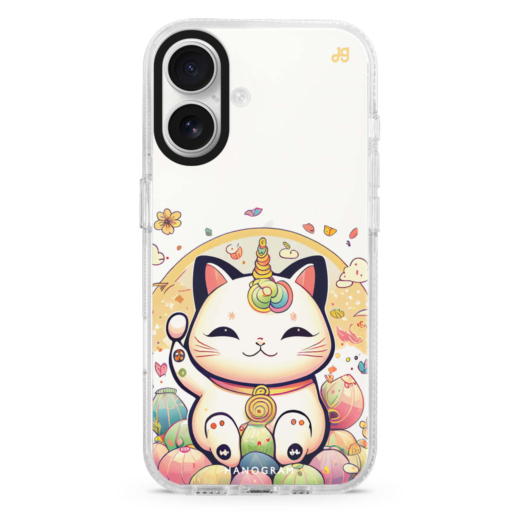 Cute Lucky Cat iPhone 16 and 16 Plus ultra clear case, transparent cat artwork, front product view