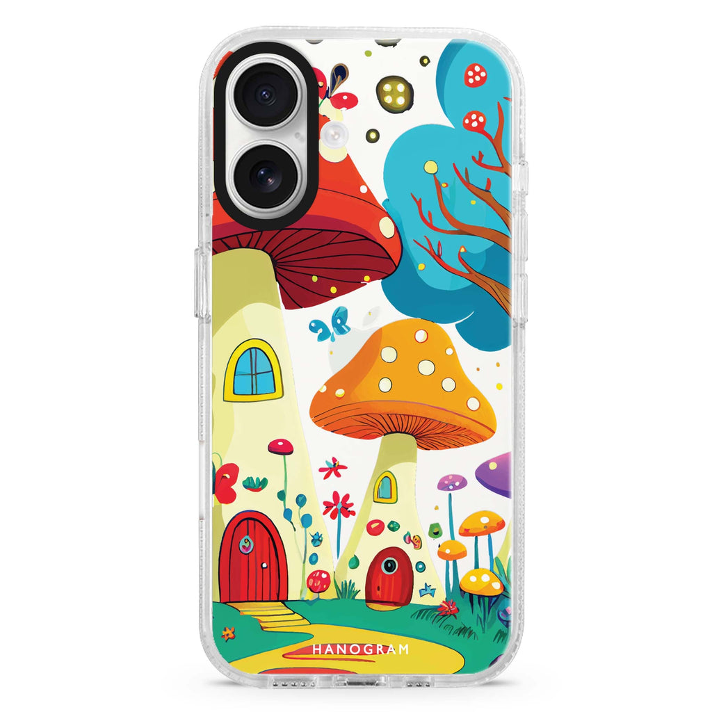 Mushroom Art Style 2 iPhone 16 and 16 Plus ultra clear case, transparent artistic artwork, front product view