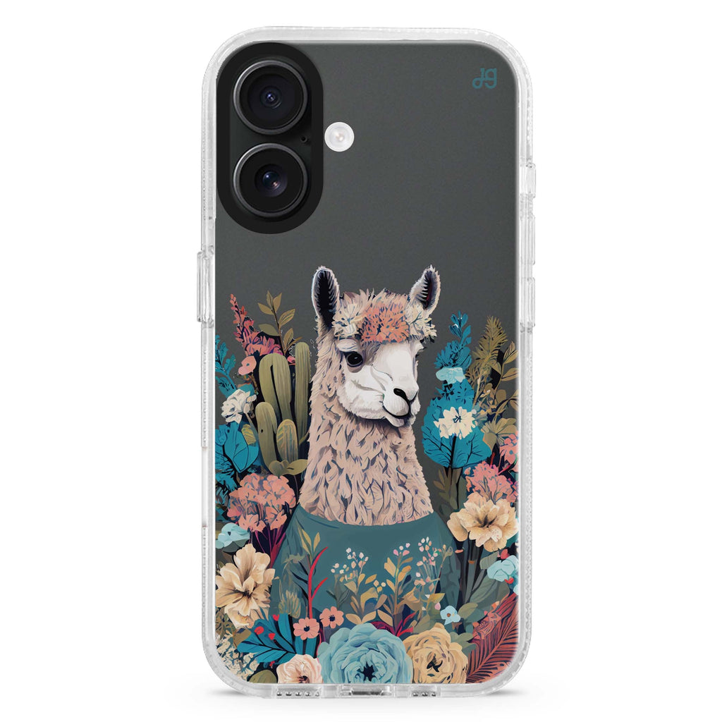 Lama in the garden iPhone 16 and 16 Plus ultra clear case, transparent floral artwork, front product view