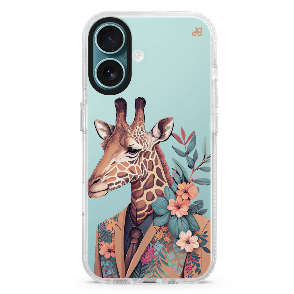 Giraffe & floral Style 2 iPhone 16 and 16 Plus ultra clear case, transparent floral artwork, front product view