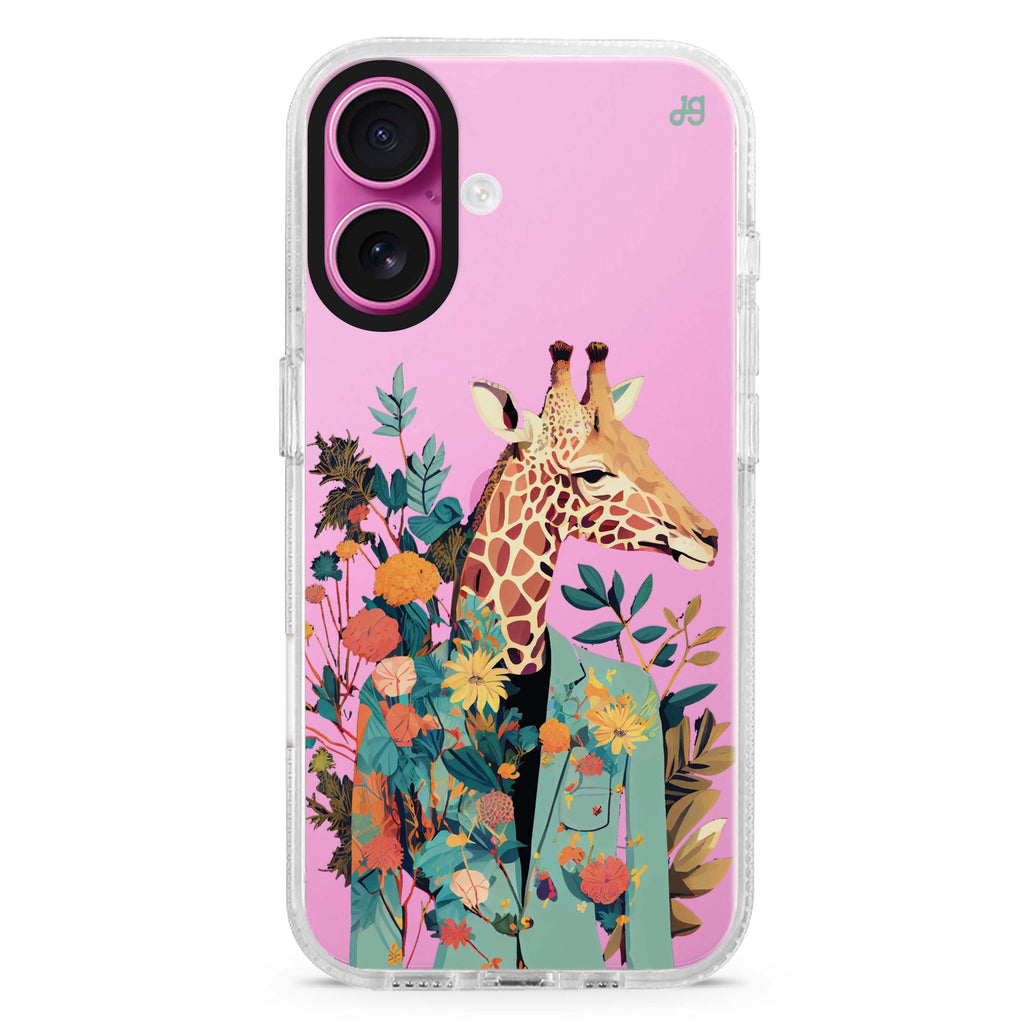 Giraffe & floral iPhone 16 and 16 Plus ultra clear case, transparent floral artwork, front product view