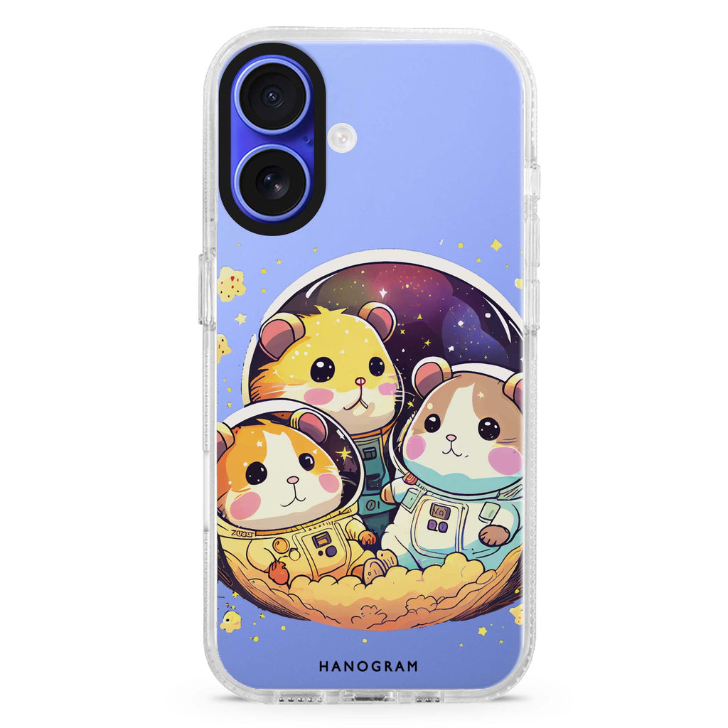 Cute space squirrels iPhone 16 and 16 Plus ultra clear case, transparent celestial artwork, front product view
