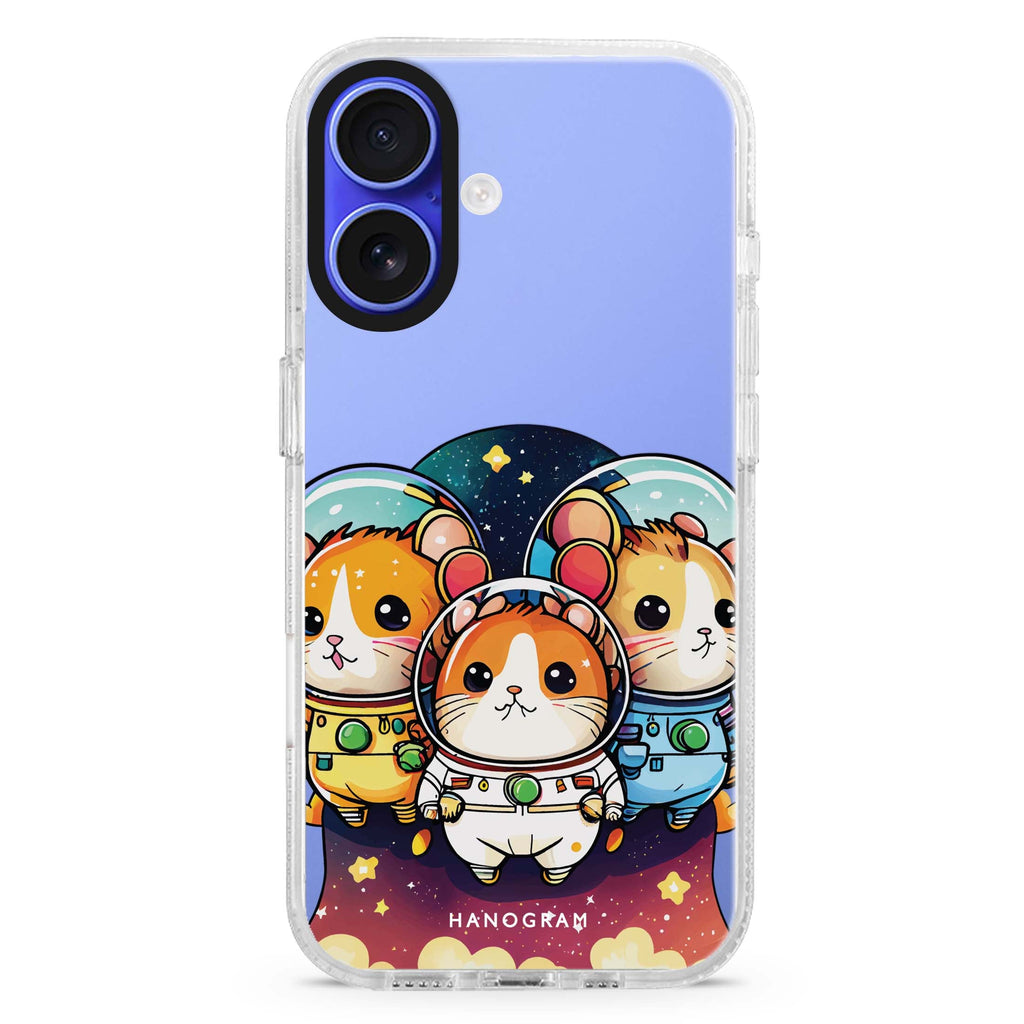 Space squirrels iPhone 16 and 16 Plus ultra clear case, transparent celestial artwork, front product view