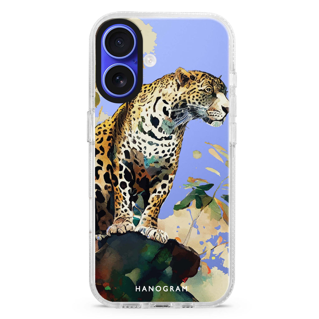 A leopard iPhone 16 and 16 Plus ultra clear case, transparent animal artwork, front product view