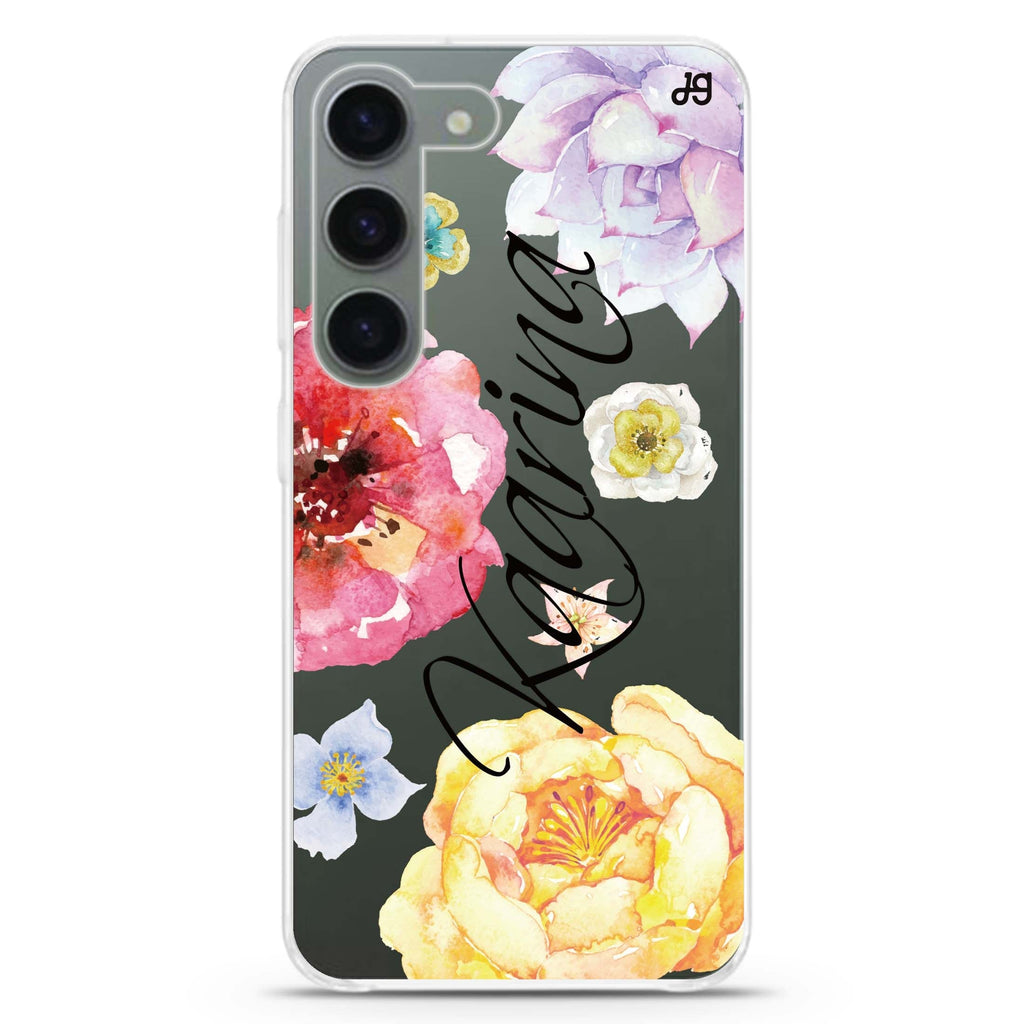 Colorful Watercolor Flowers personalized ultra-clear case for Samsung Galaxy S23/S22, front view