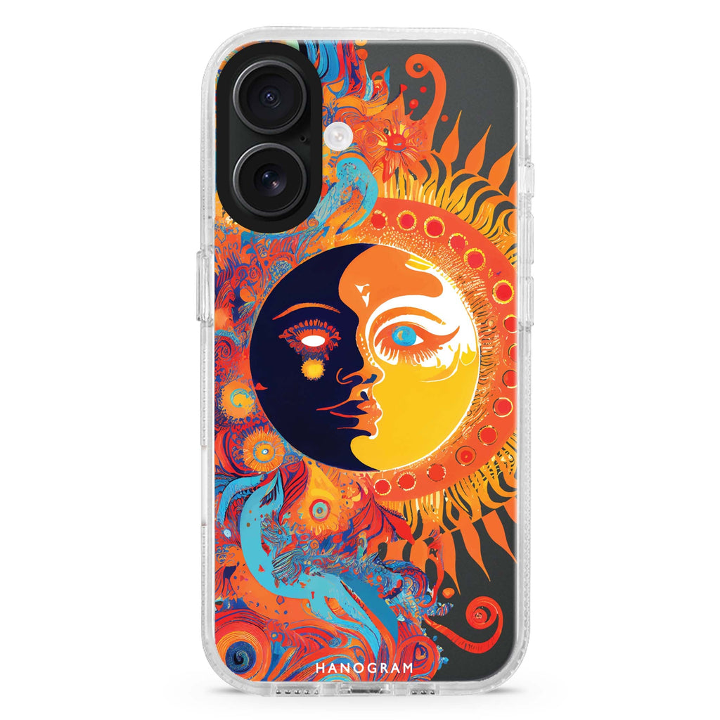 Moon & Sun iPhone 16 and 16 Plus ultra clear case, transparent celestial artwork, front product view