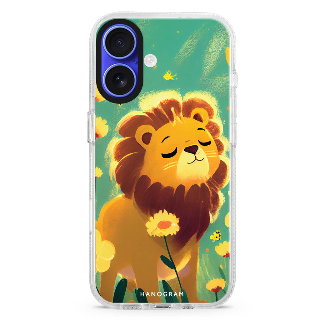 Lion in the garden iPhone 16 and 16 Plus ultra clear case, transparent floral artwork, front product view