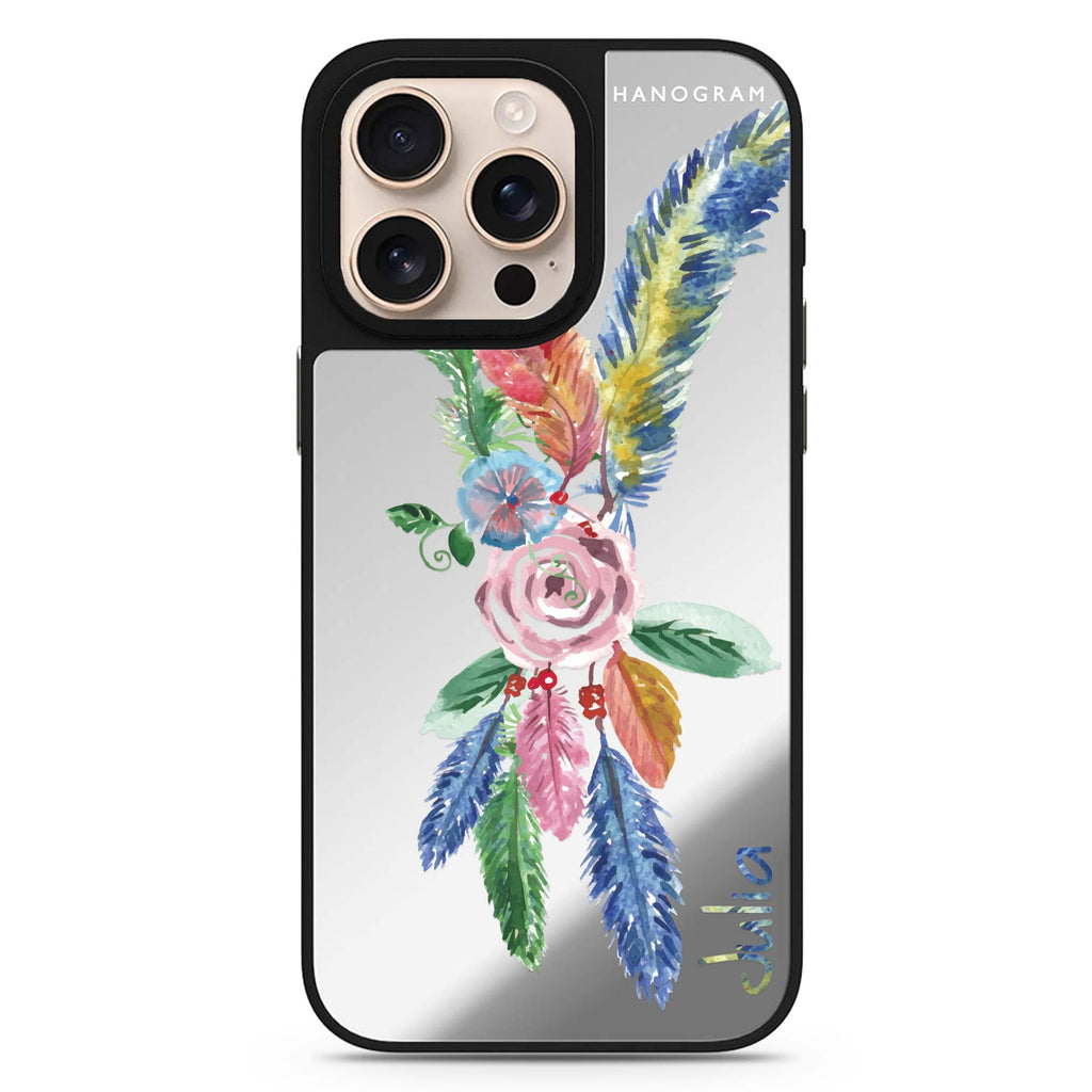 Feather personalized name sleek reflective design iPhone 16/15/14 Pro Max & Pro mirror case