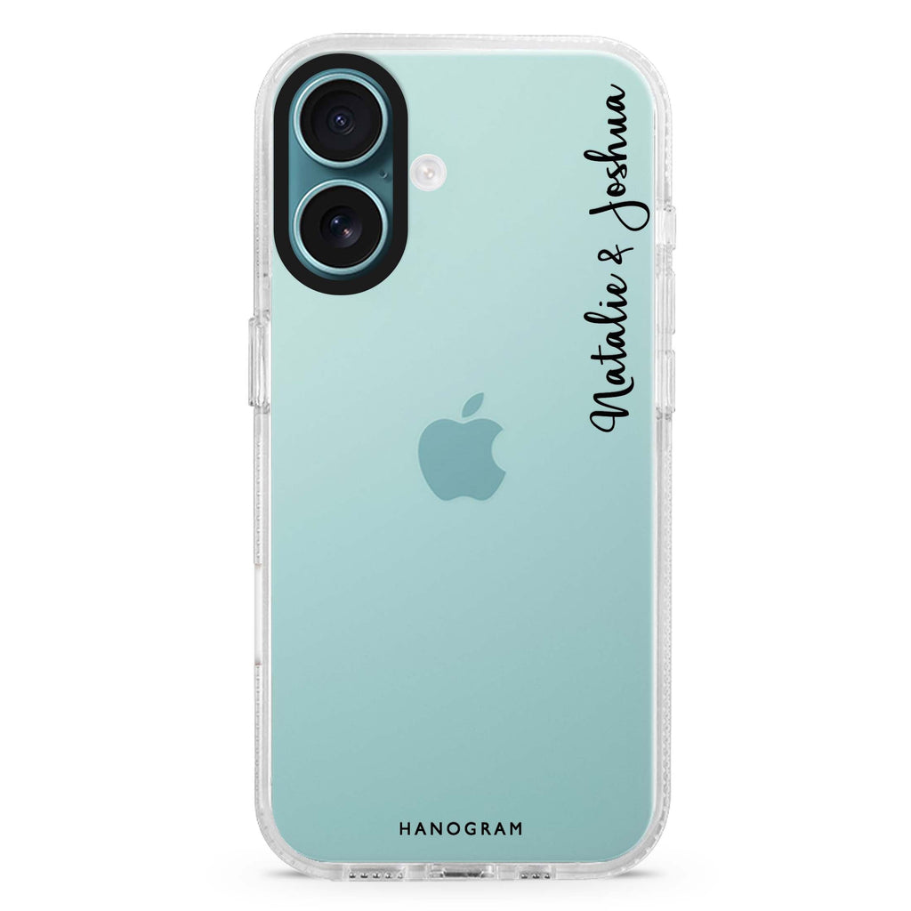 Me & You II custom name iPhone 16 and 16 Plus ultra clear case, transparent graphic artwork, front product view