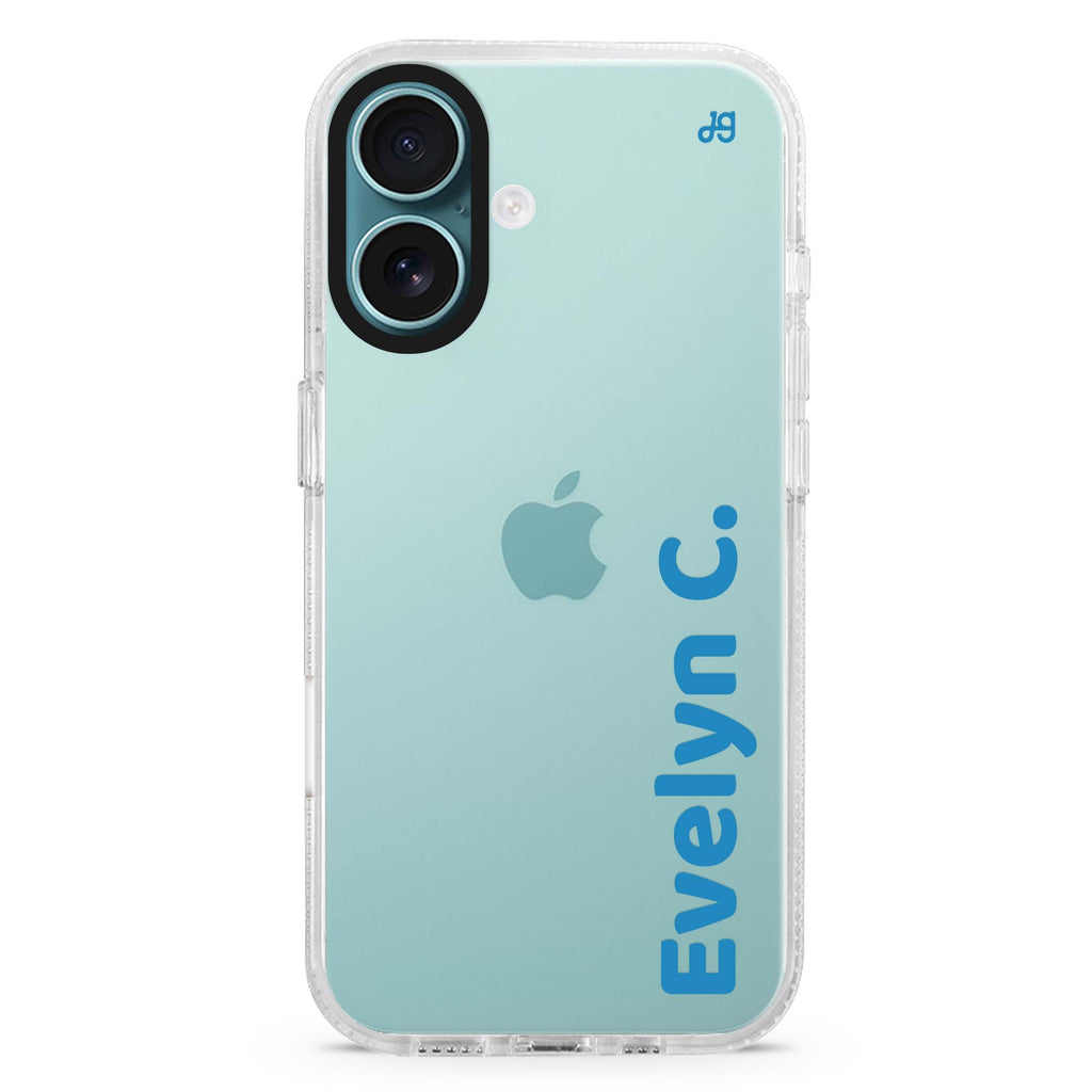 Signed & Styled custom name iPhone 16 and 16 Plus ultra clear case, transparent graphic artwork, front product view