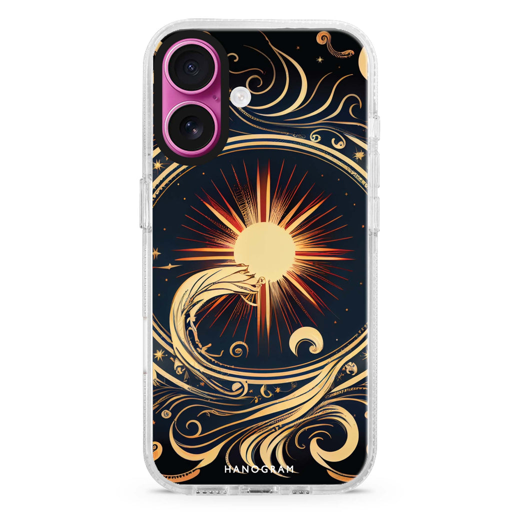Magic Sun iPhone 16 and 16 Plus ultra clear case, transparent celestial artwork, front product view