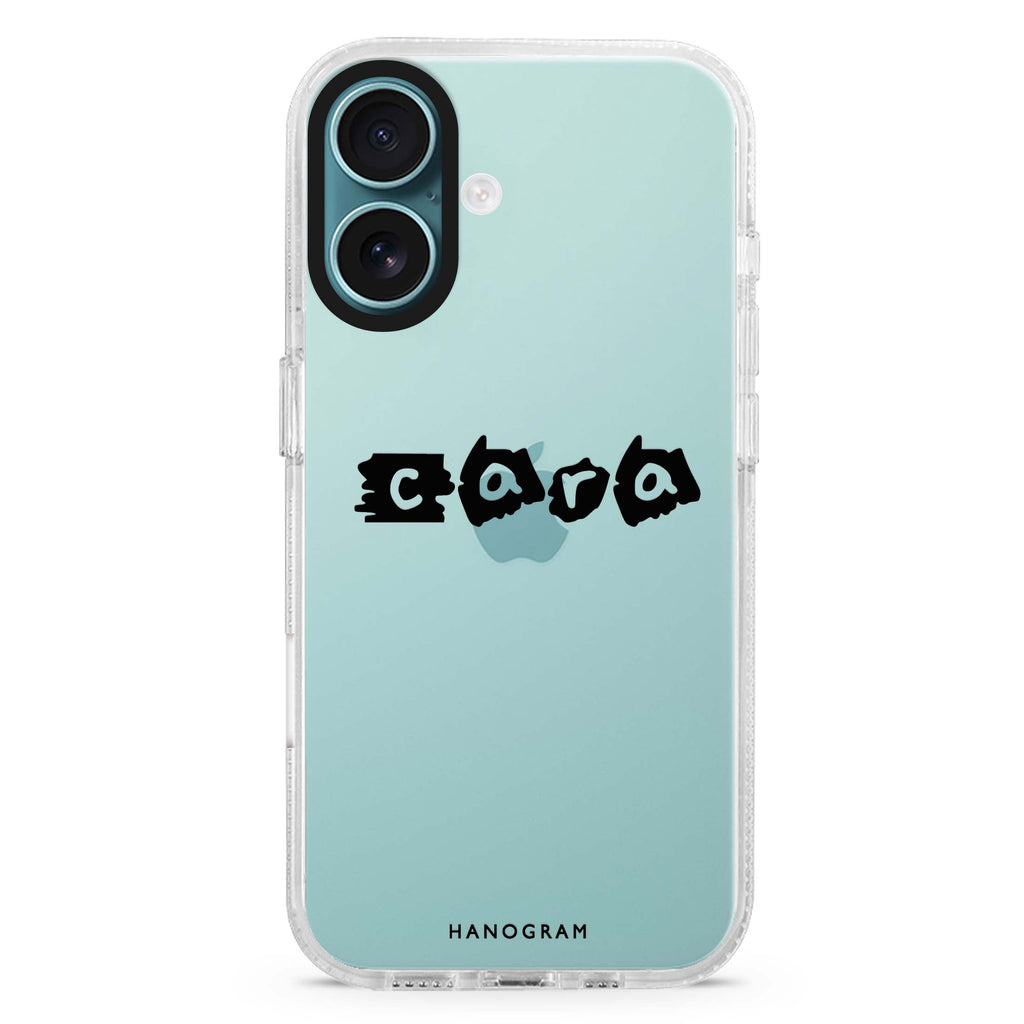 Sticker Custom Name custom name iPhone 16 and 16 Plus ultra clear case, transparent name artwork, front product view