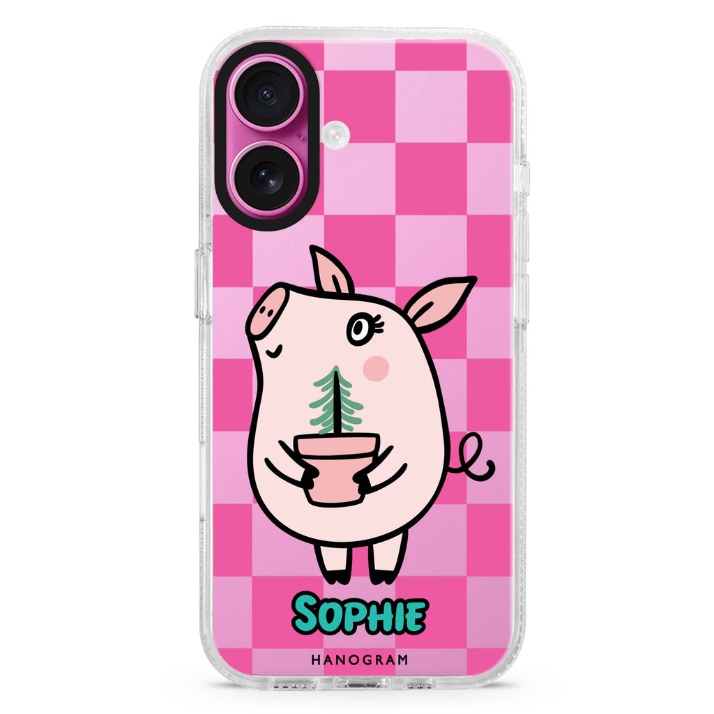 Lovely Pig custom name iPhone 16 and 16 Plus ultra clear case, transparent romantic artwork, front product view
