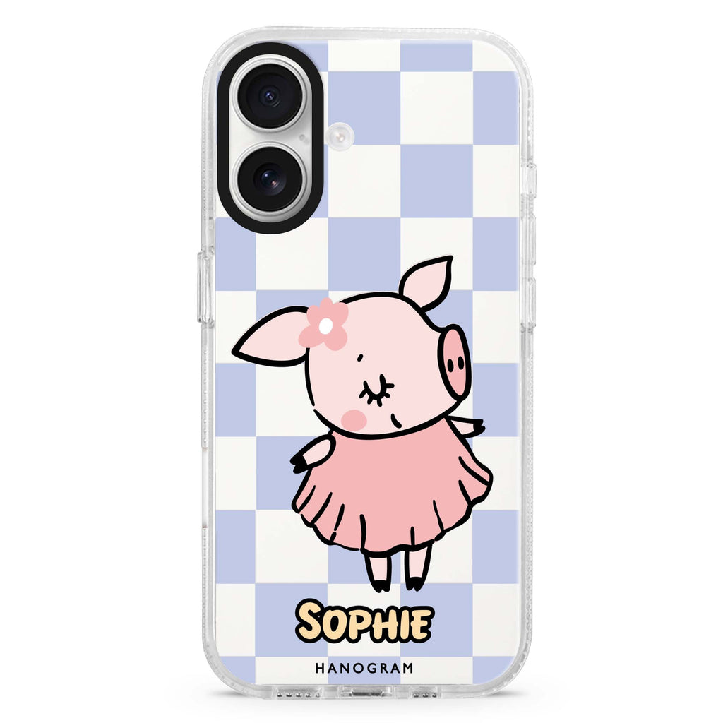 Pretty Pig custom name iPhone 16 and 16 Plus ultra clear case, transparent animal artwork, front product view