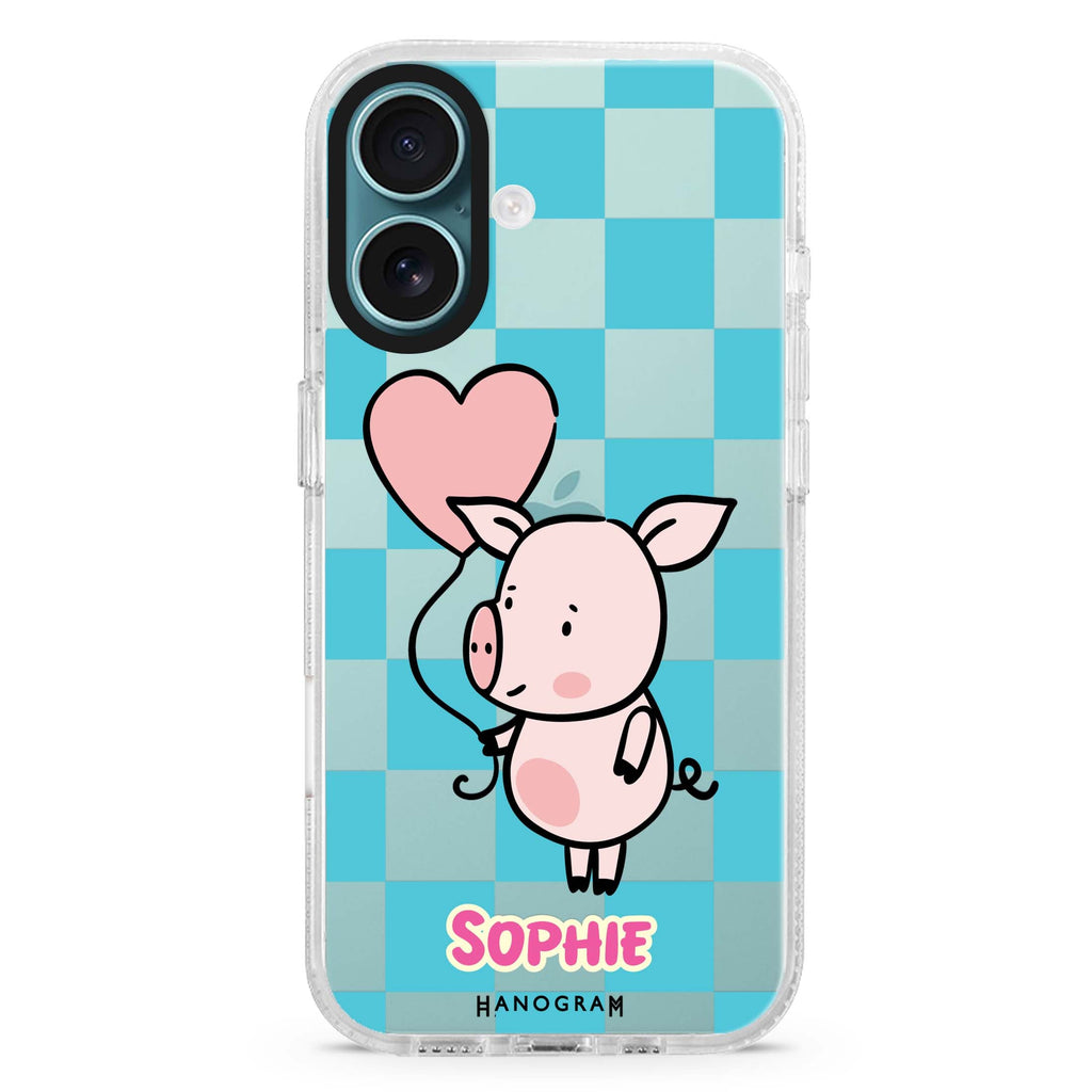 Sweet Pig custom name iPhone 16 and 16 Plus ultra clear case, transparent romantic artwork, front product view