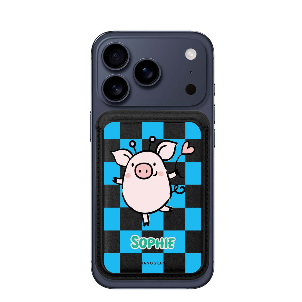 Happy Pig custom name MagSafe wallet for iPhone, personalized magnetic card holder, main view