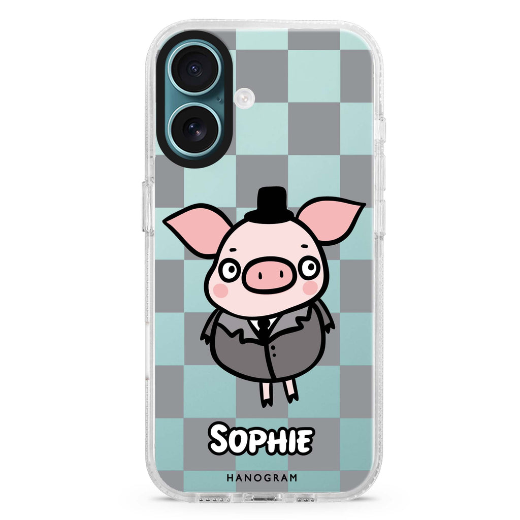 Handsome Pig custom name iPhone 16 and 16 Plus ultra clear case, transparent animal artwork, front product view