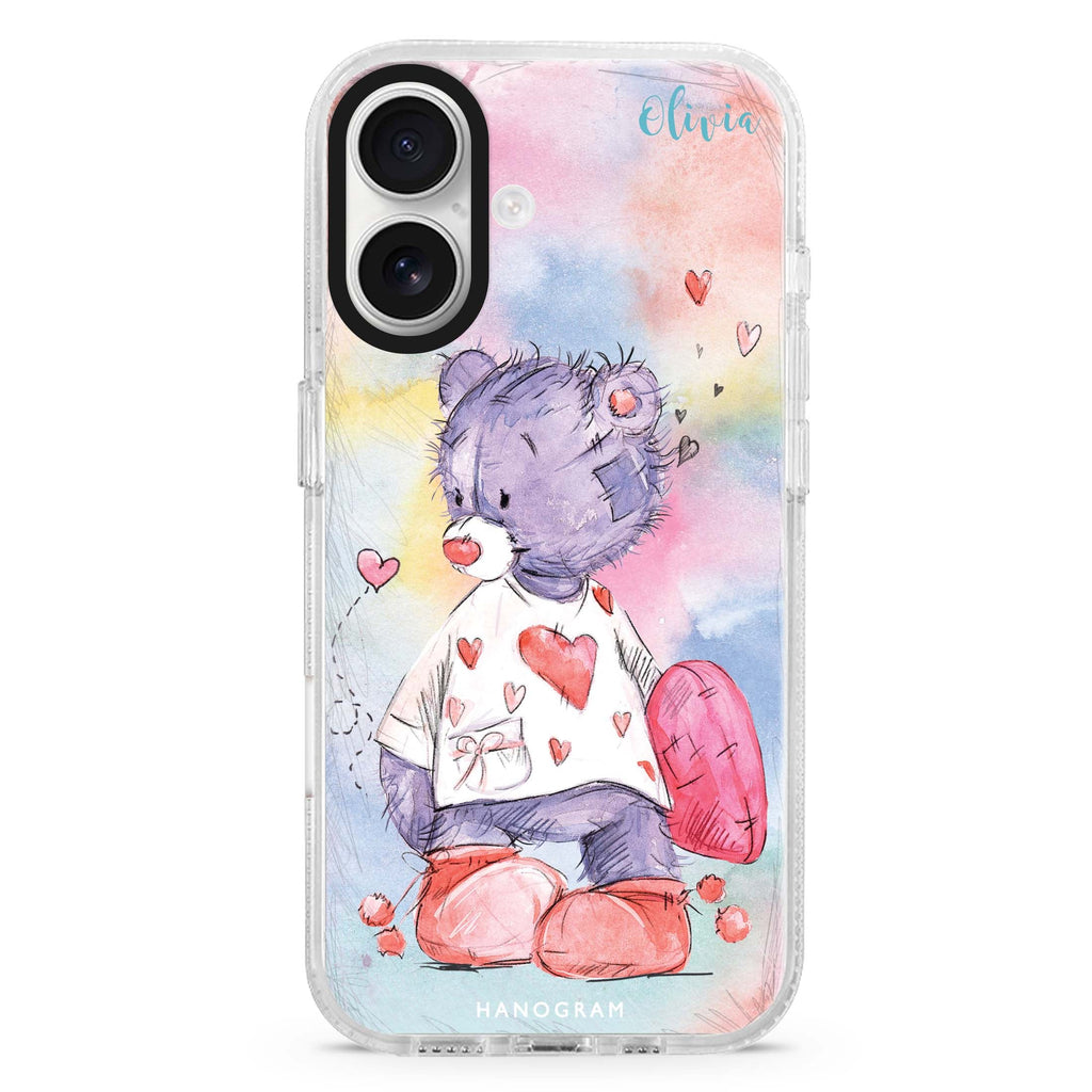 Sweet Bear Style 2 custom name iPhone 16 and 16 Plus ultra clear case, transparent romantic artwork, front product view