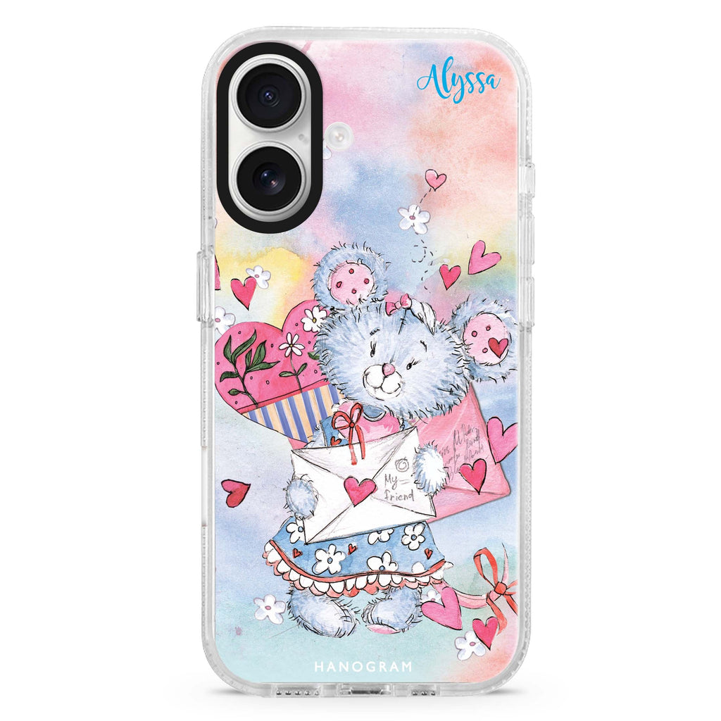 Sweet Bear custom name iPhone 16 and 16 Plus ultra clear case, transparent romantic artwork, front product view