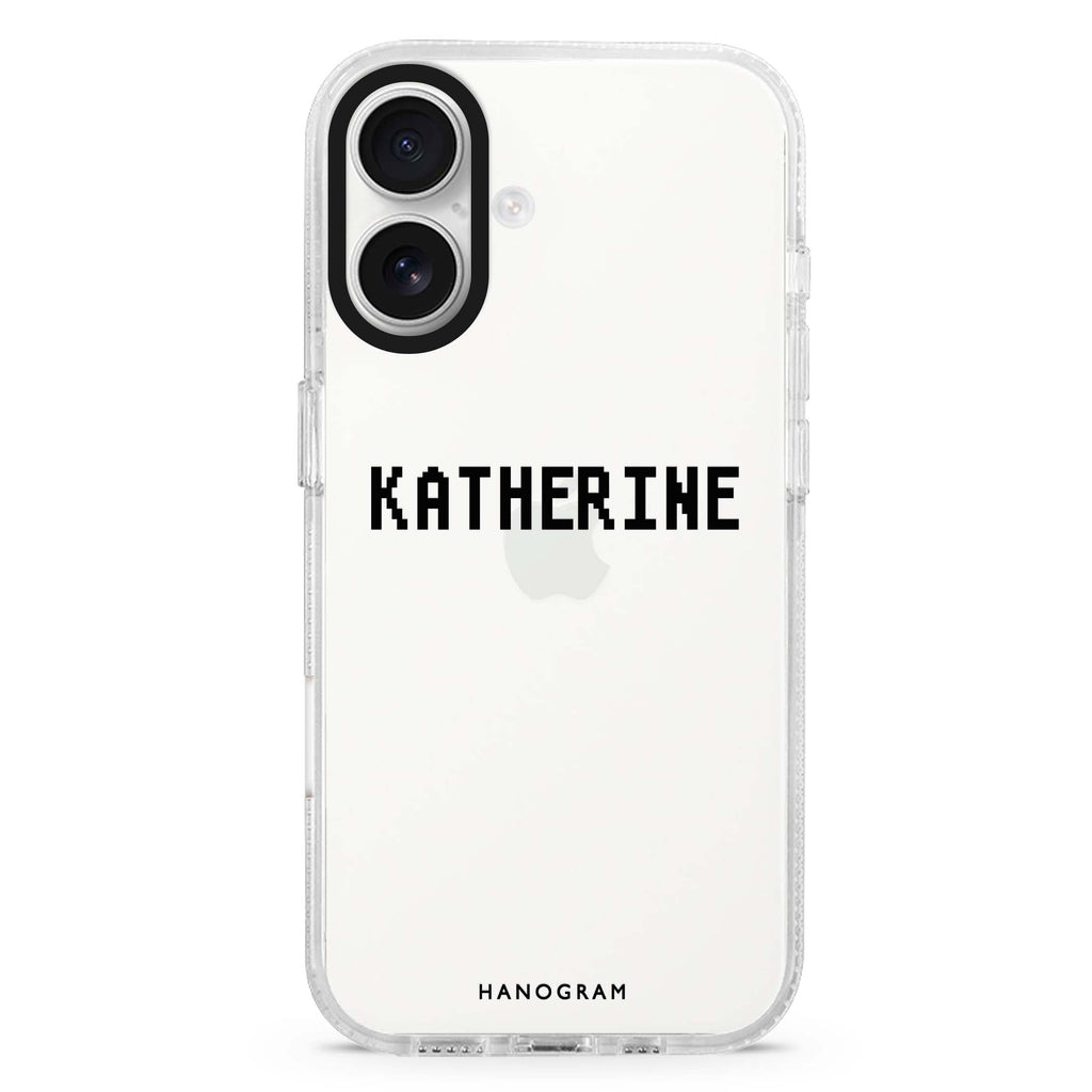 Pixel Custom Name custom name iPhone 16 and 16 Plus ultra clear case, transparent name artwork, front product view