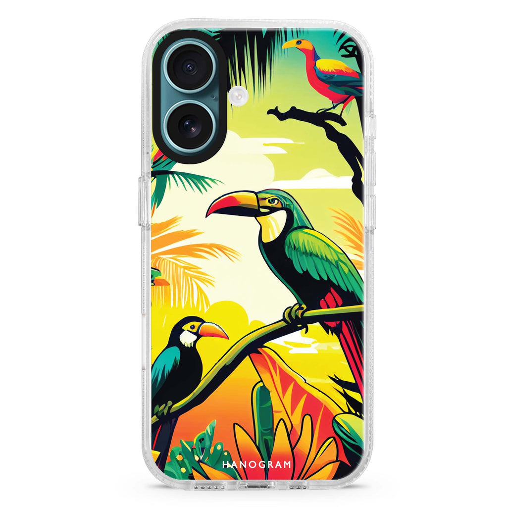 Tropical birds Style 2 iPhone 16 and 16 Plus ultra clear case, transparent animal artwork, front product view