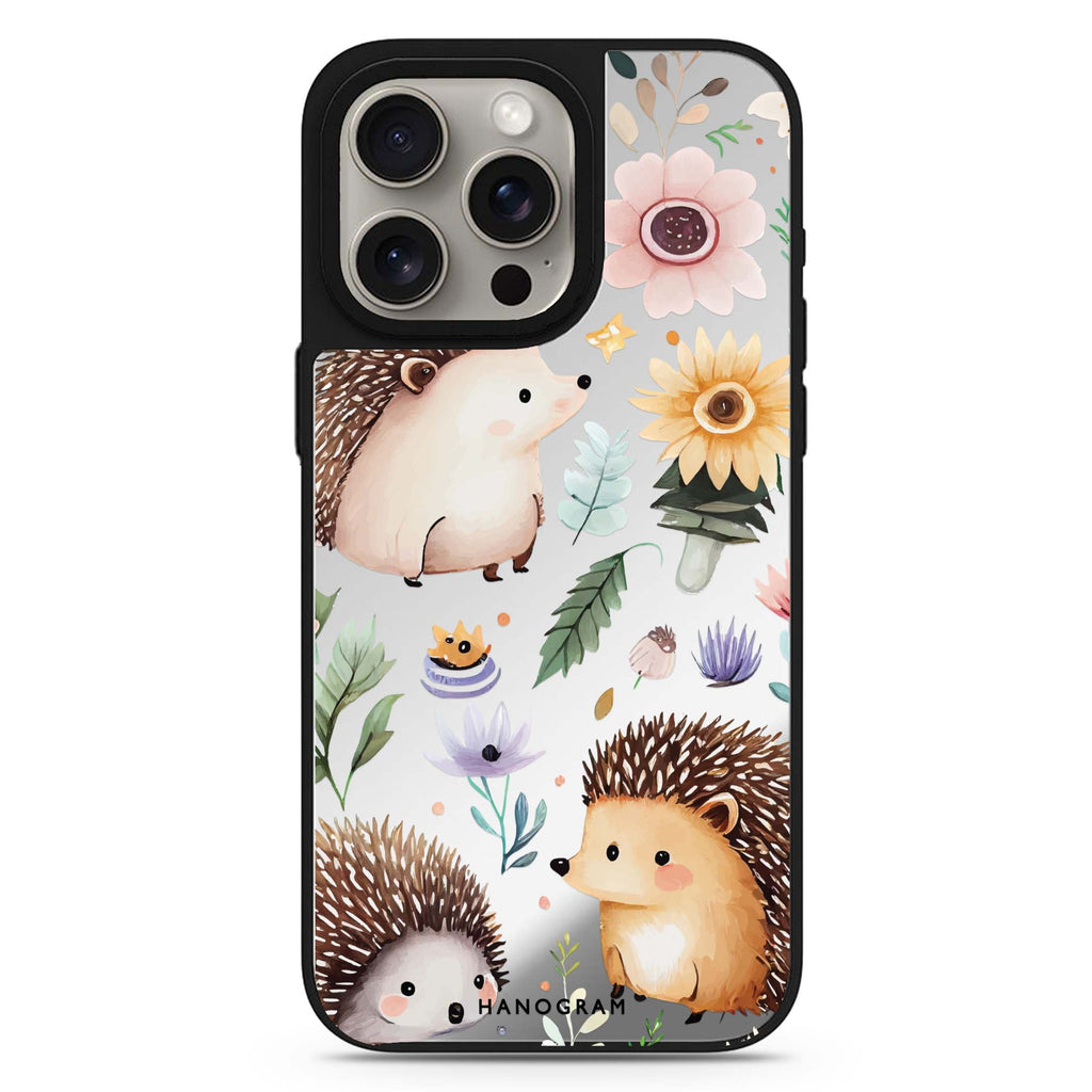 Hedgehog & Floral MagSafe compatible mirror case for iPhone 16/15/14 Pro Max and Pro, main view
