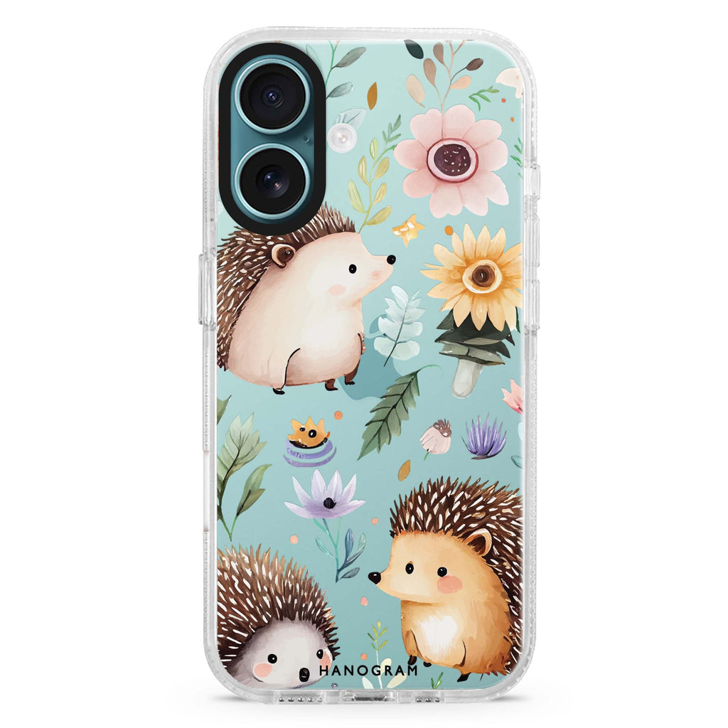 Hedgehog & Floral iPhone 16 and 16 Plus ultra clear case, transparent floral artwork, front product view