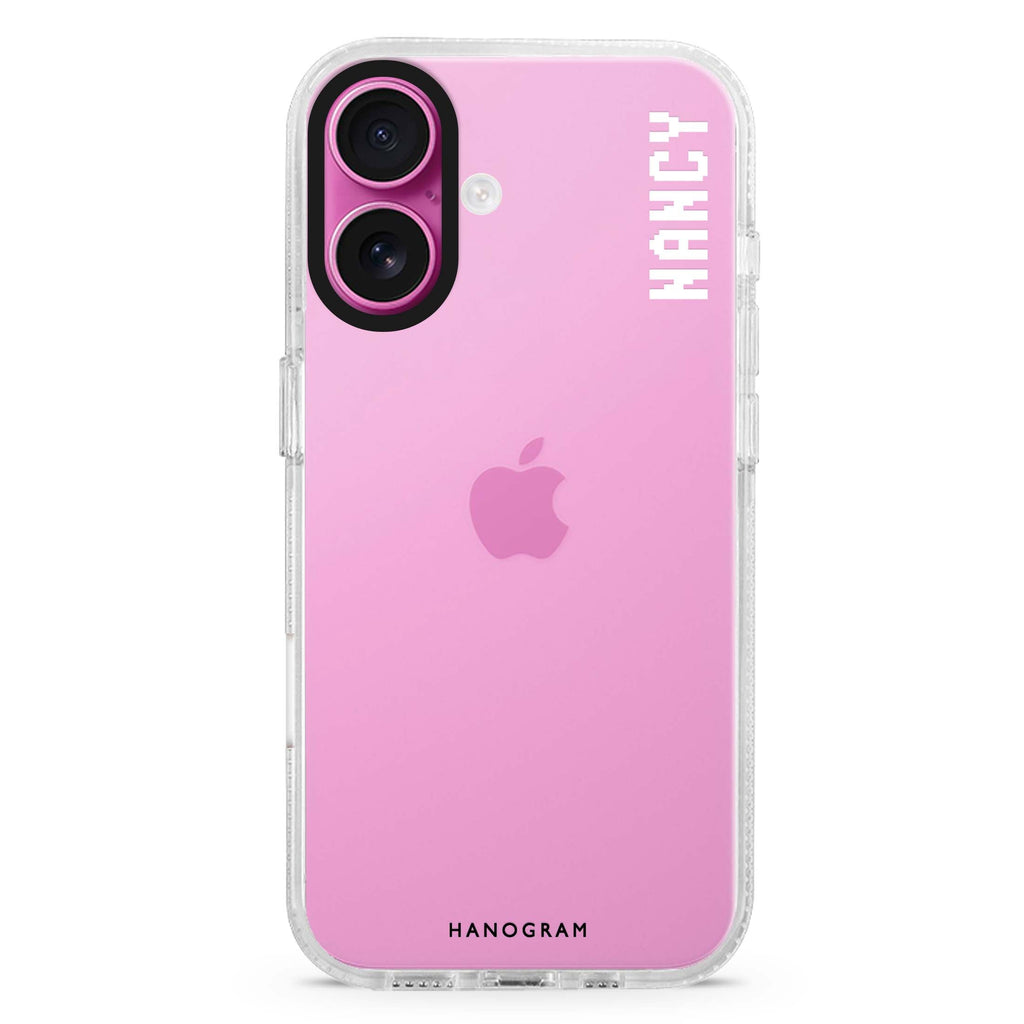 Pixel Custom Name II custom name iPhone 16 and 16 Plus ultra clear case, transparent name artwork, front product view