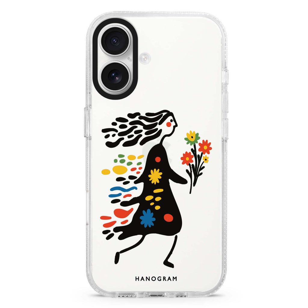 Chasing Blooms iPhone 16 and 16 Plus ultra clear case, transparent graphic artwork, front product view