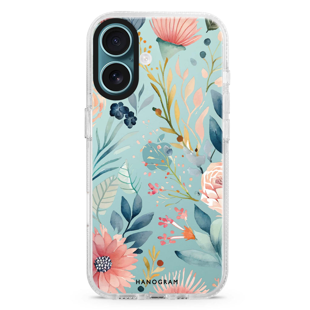 Floral Pattern Style 2 iPhone 16 and 16 Plus ultra clear case, transparent floral artwork, front product view