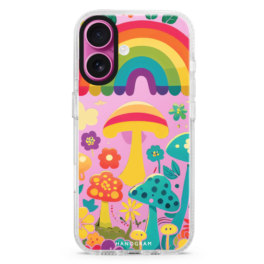 Rainbow Mushroom Garden iPhone 16 and 16 Plus ultra clear case, transparent floral artwork, front product view