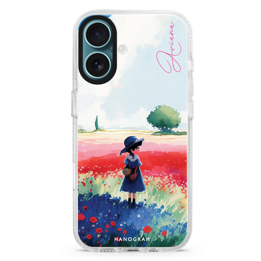 A Little Girl custom name iPhone 16 and 16 Plus ultra clear case, transparent graphic artwork, front product view