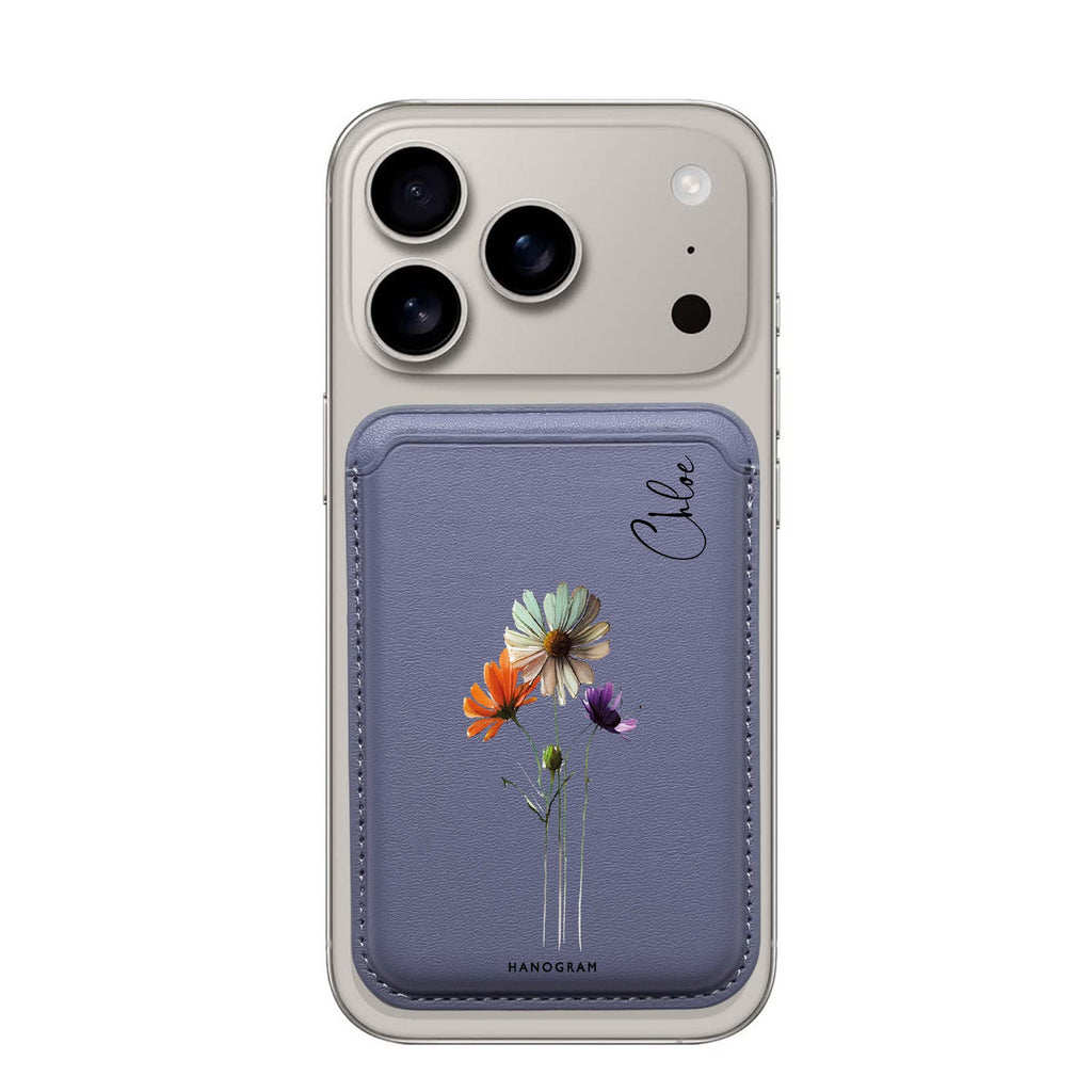 A Watercolour Floral custom name MagSafe wallet for iPhone, personalized magnetic card holder, main view