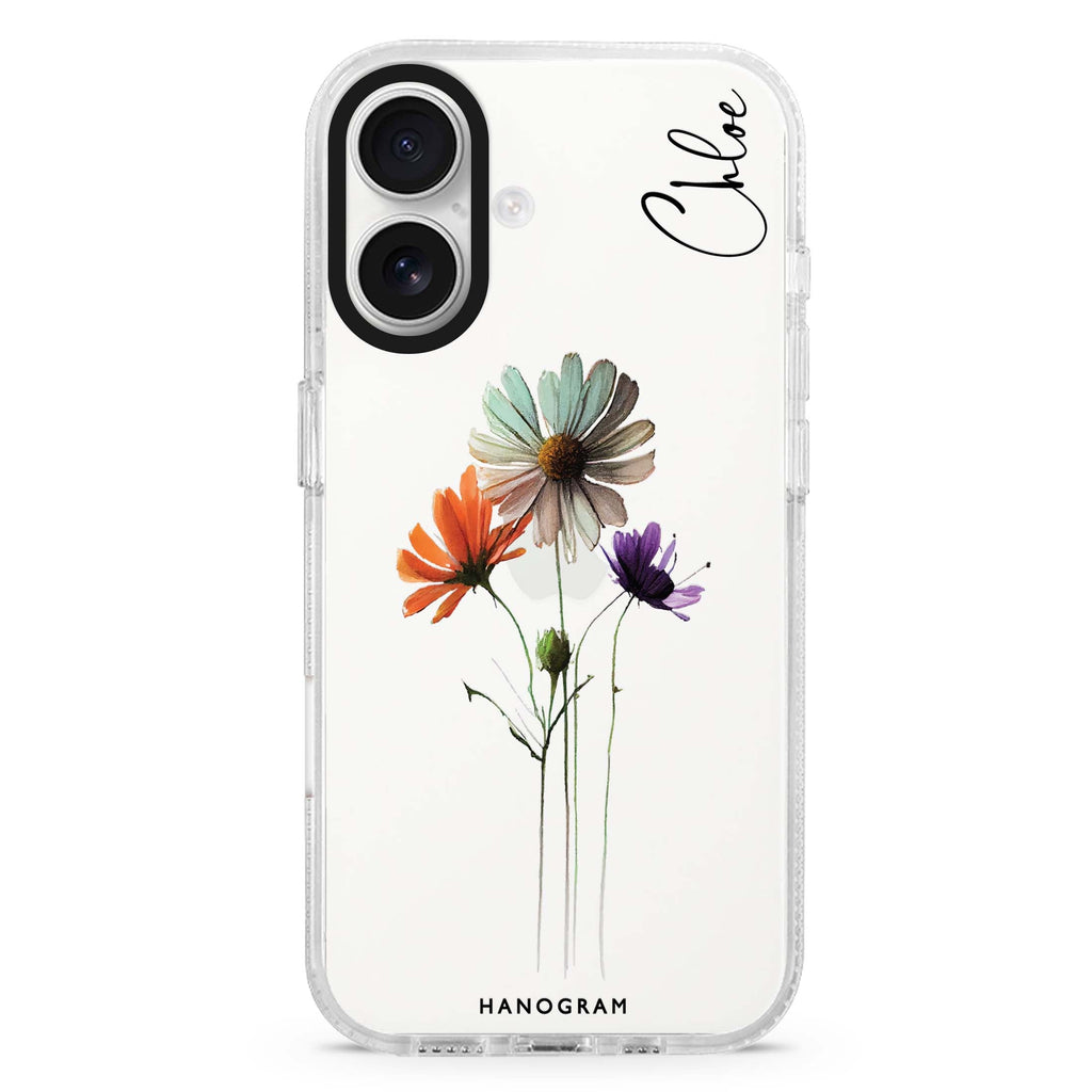 A watercolour floral custom name iPhone 16 and 16 Plus ultra clear case, transparent floral artwork, front product view