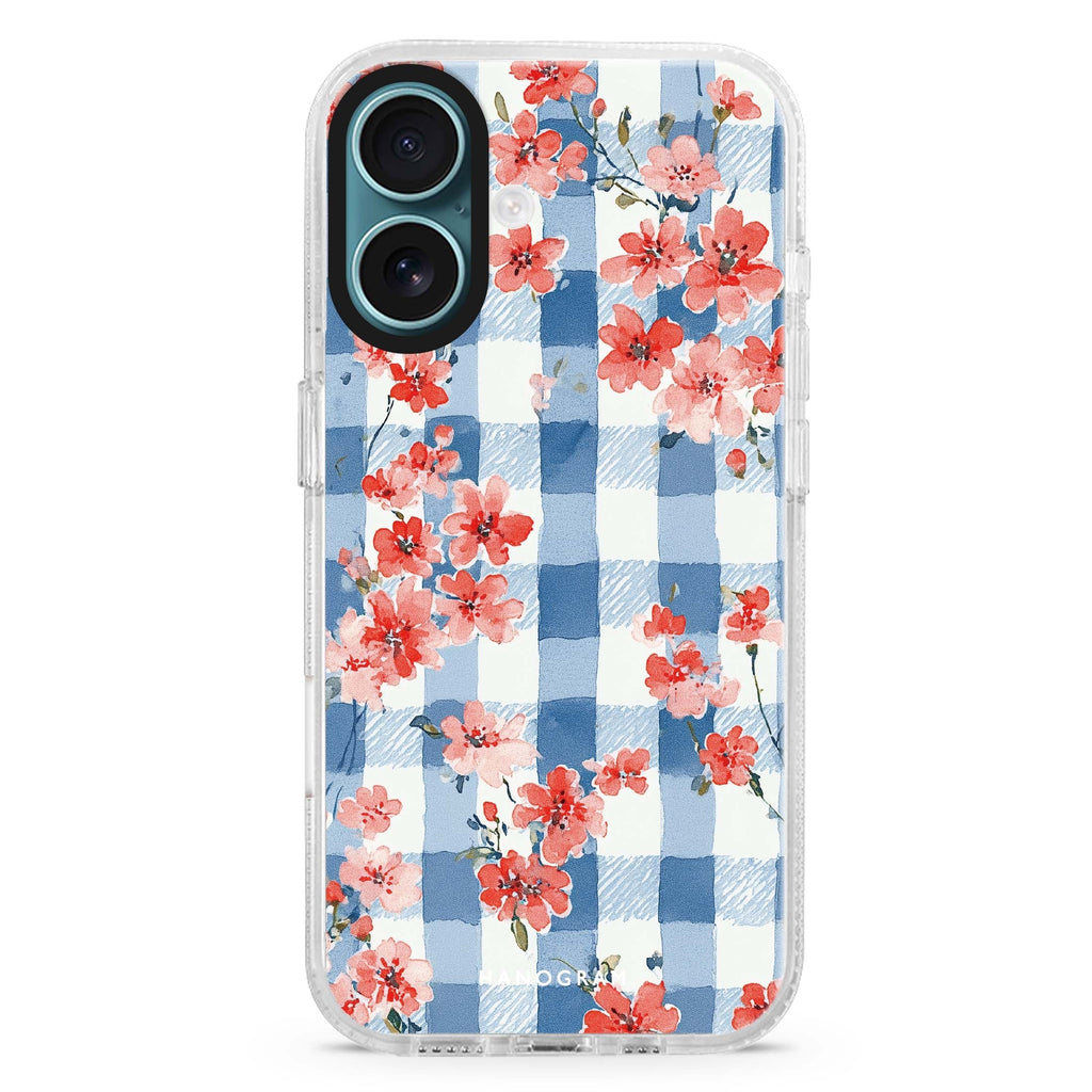 Gingham Bloom iPhone 16 and 16 Plus ultra clear case, transparent graphic artwork, front product view