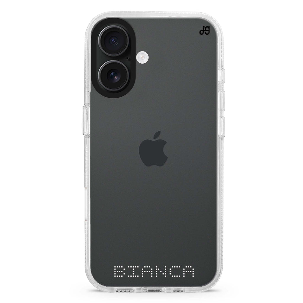 Digital Name custom name iPhone 16 and 16 Plus ultra clear case, transparent name artwork, front product view