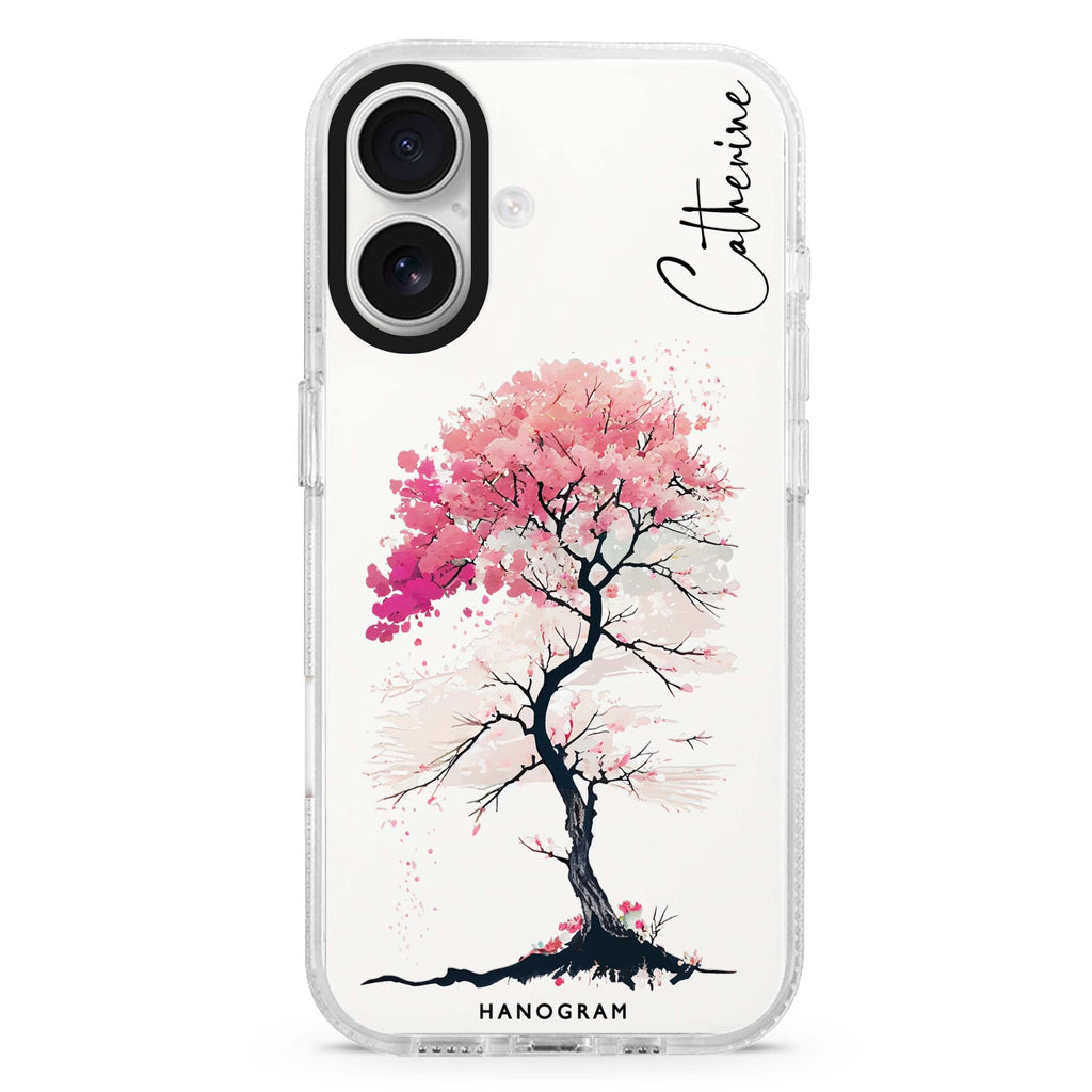 A Cherry tree custom name iPhone 16 and 16 Plus ultra clear case, transparent fruit artwork, front product view
