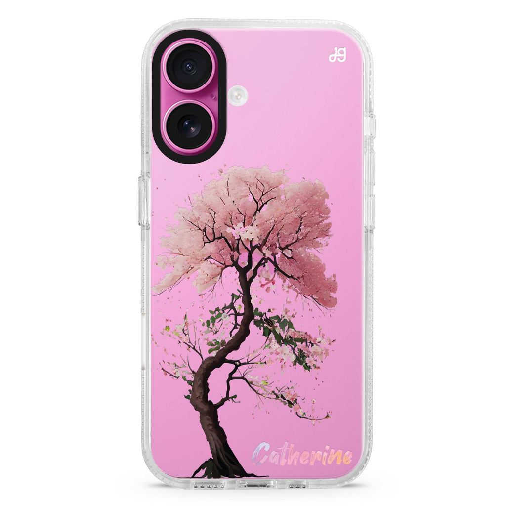 Cherry tree custom name iPhone 16 and 16 Plus ultra clear case, transparent fruit artwork, front product view