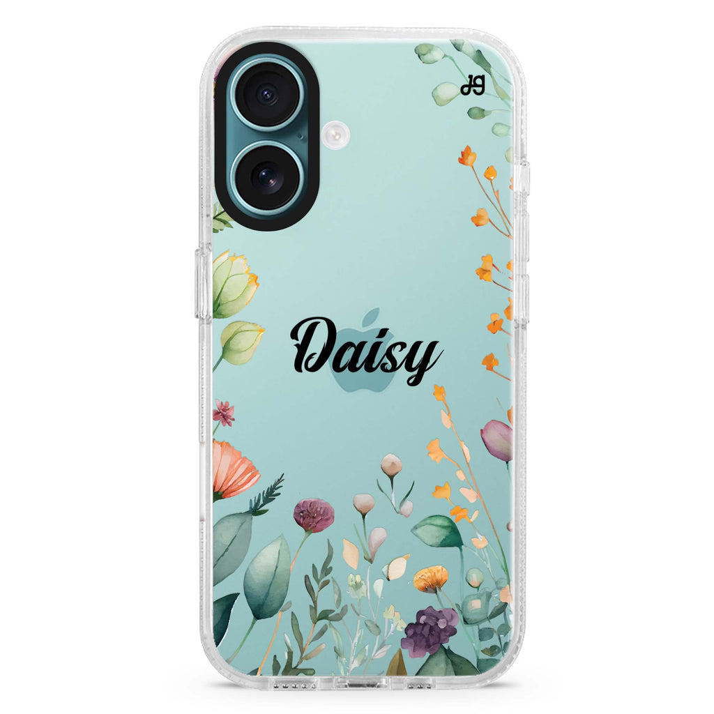 Beautiful Garden custom name iPhone 16 and 16 Plus ultra clear case, transparent floral artwork, front product view