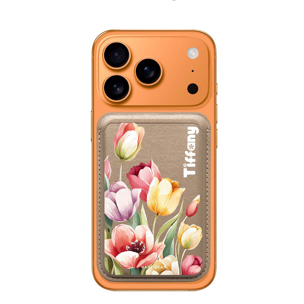 Watercolor Tulip custom name MagSafe wallet for iPhone, personalized magnetic card holder, main view