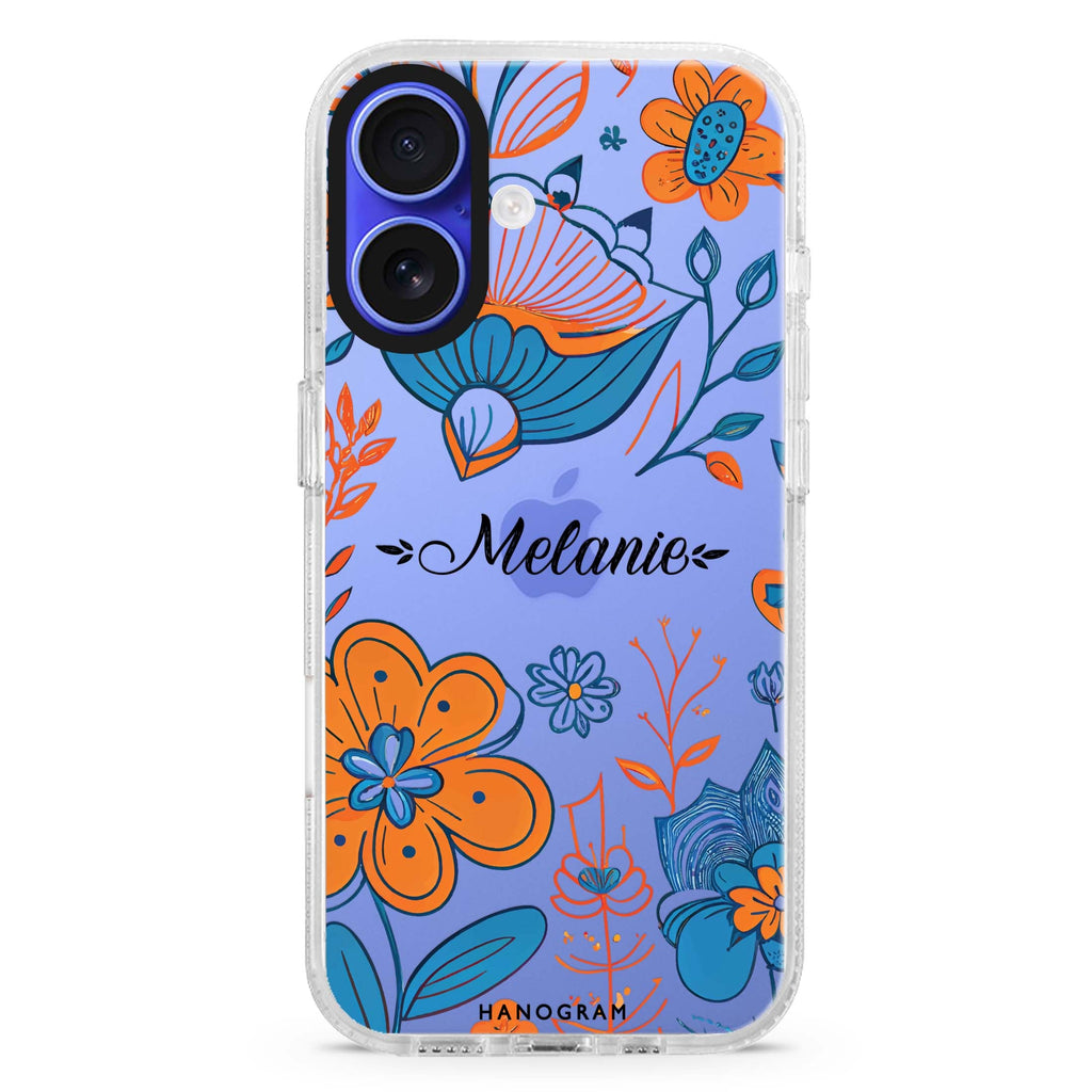 Floral Pattern custom name iPhone 16 and 16 Plus ultra clear case, transparent floral artwork, front product view