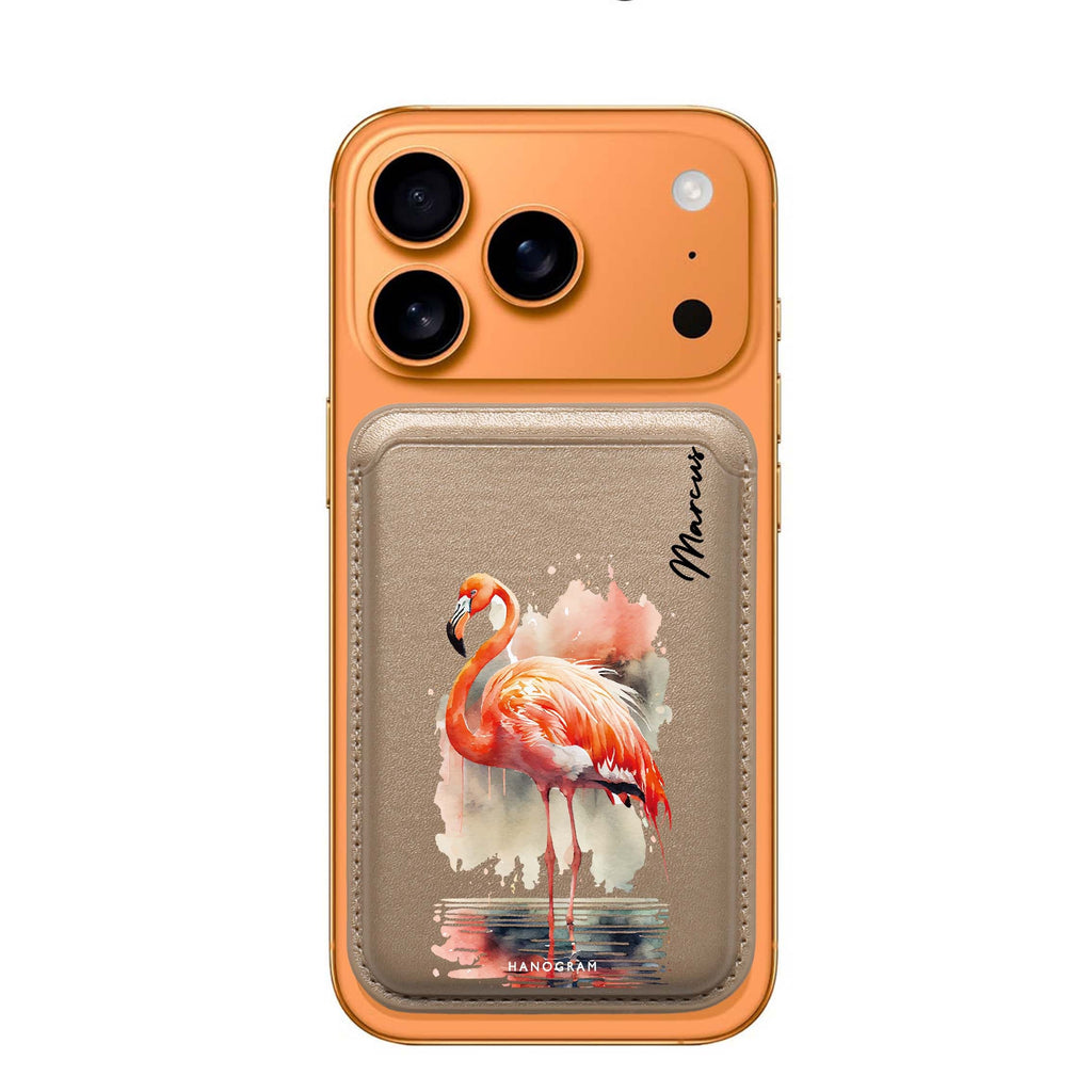 Flamingo in Water custom name MagSafe wallet for iPhone, personalized magnetic card holder, main view