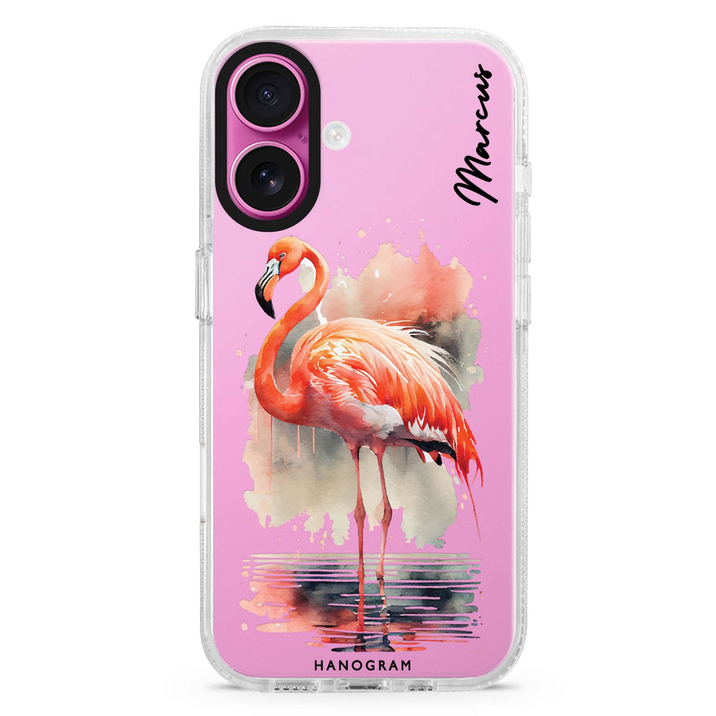 Flamingo in water custom name iPhone 16 and 16 Plus ultra clear case, transparent animal artwork, front product view