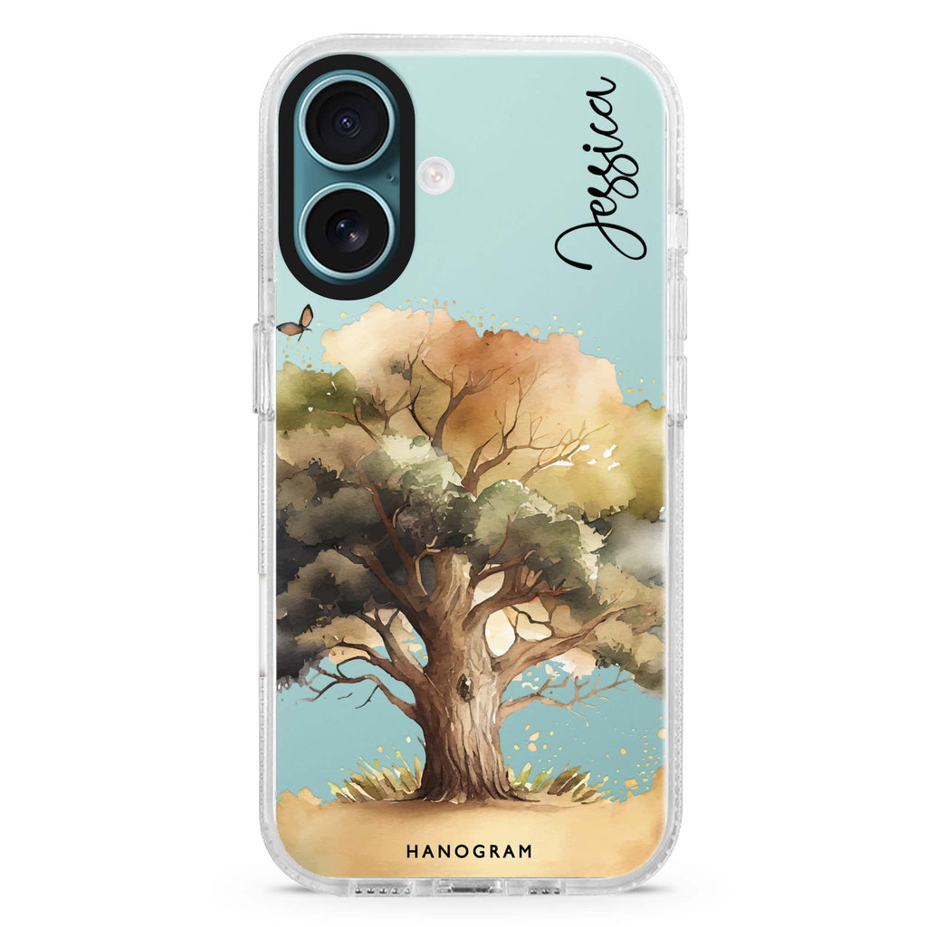 Tree custom name iPhone 16 and 16 Plus ultra clear case, transparent graphic artwork, front product view