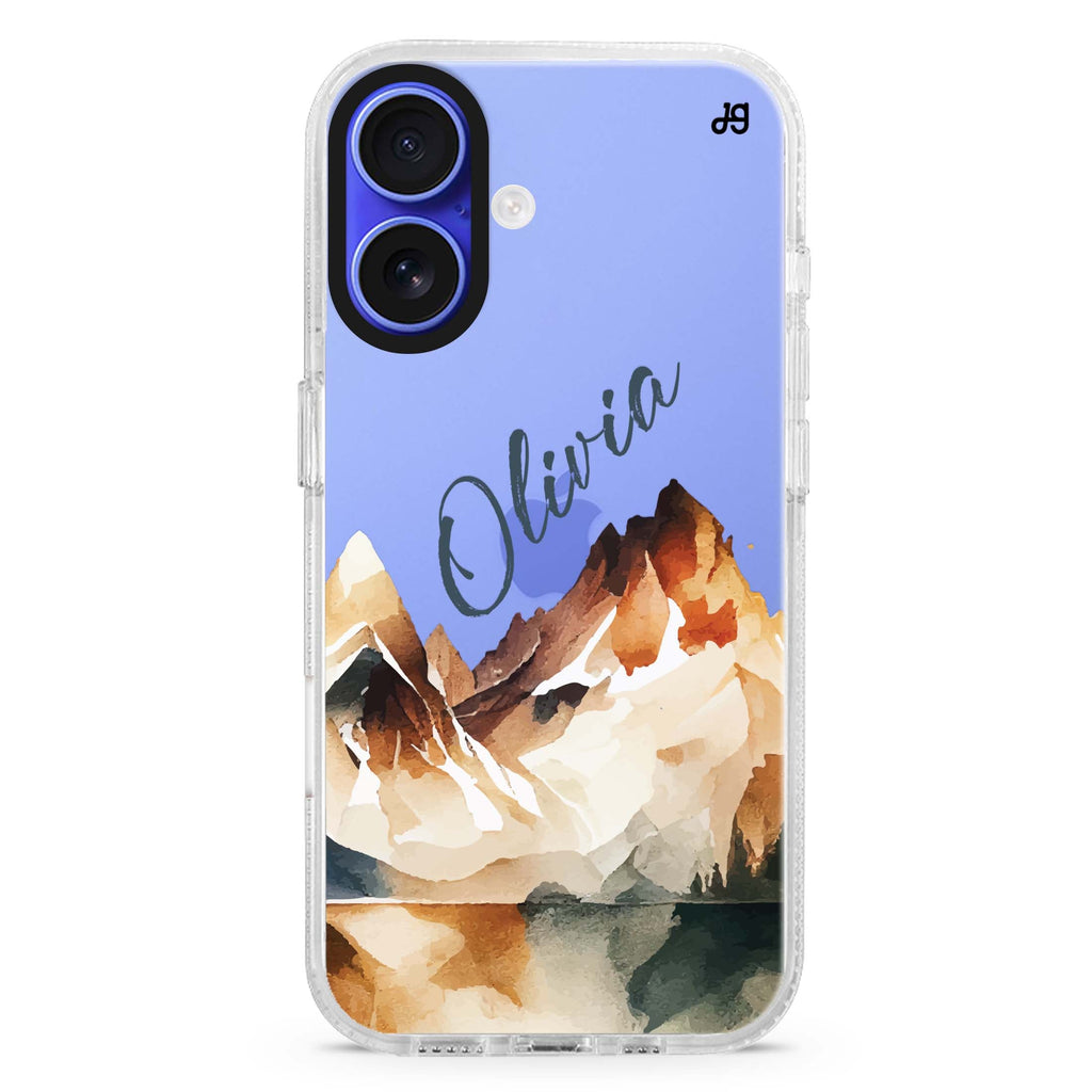 Hills Drawing custom name iPhone 16 and 16 Plus ultra clear case, transparent graphic artwork, front product view
